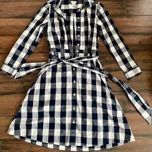 J. Crew Checkered Long Sleeve Dress in Navy and White